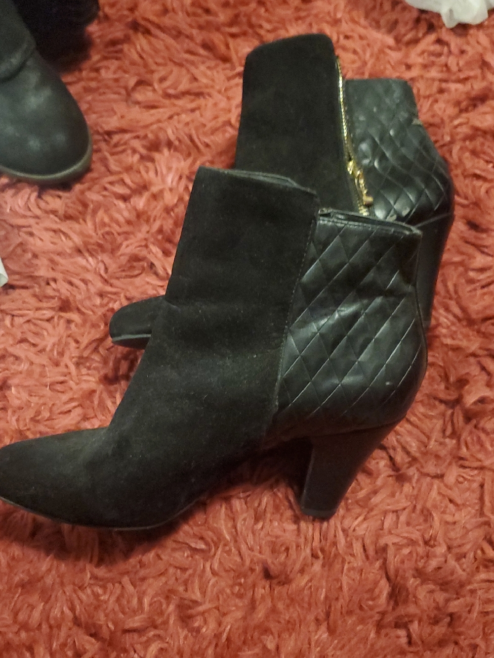 Black Quilted Suede Ankle Booties with Gold Zip